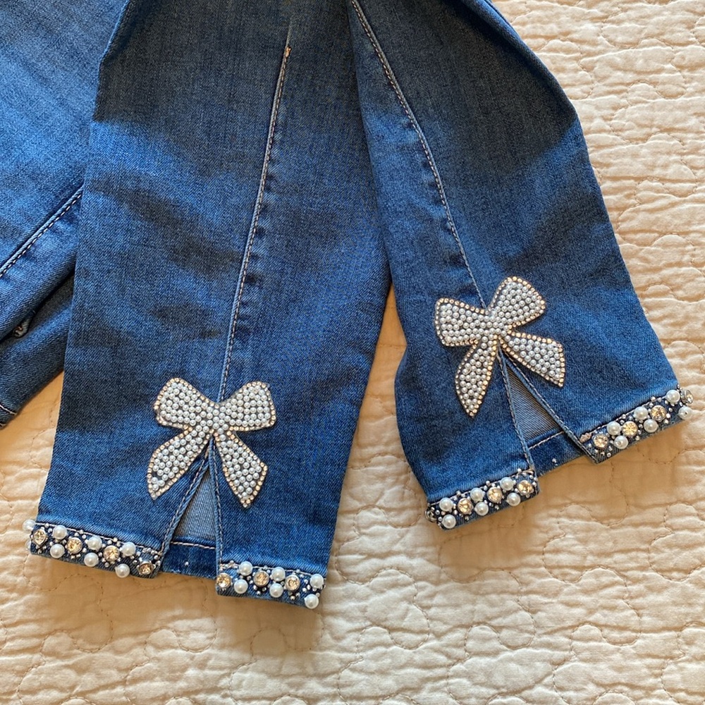 FRANK LYMAN Montreal • Blue Denim Slim 🎀 Crystal Bow & Pearl sparkely Jeans 👖 ⭐️ - Picture 16 of 16